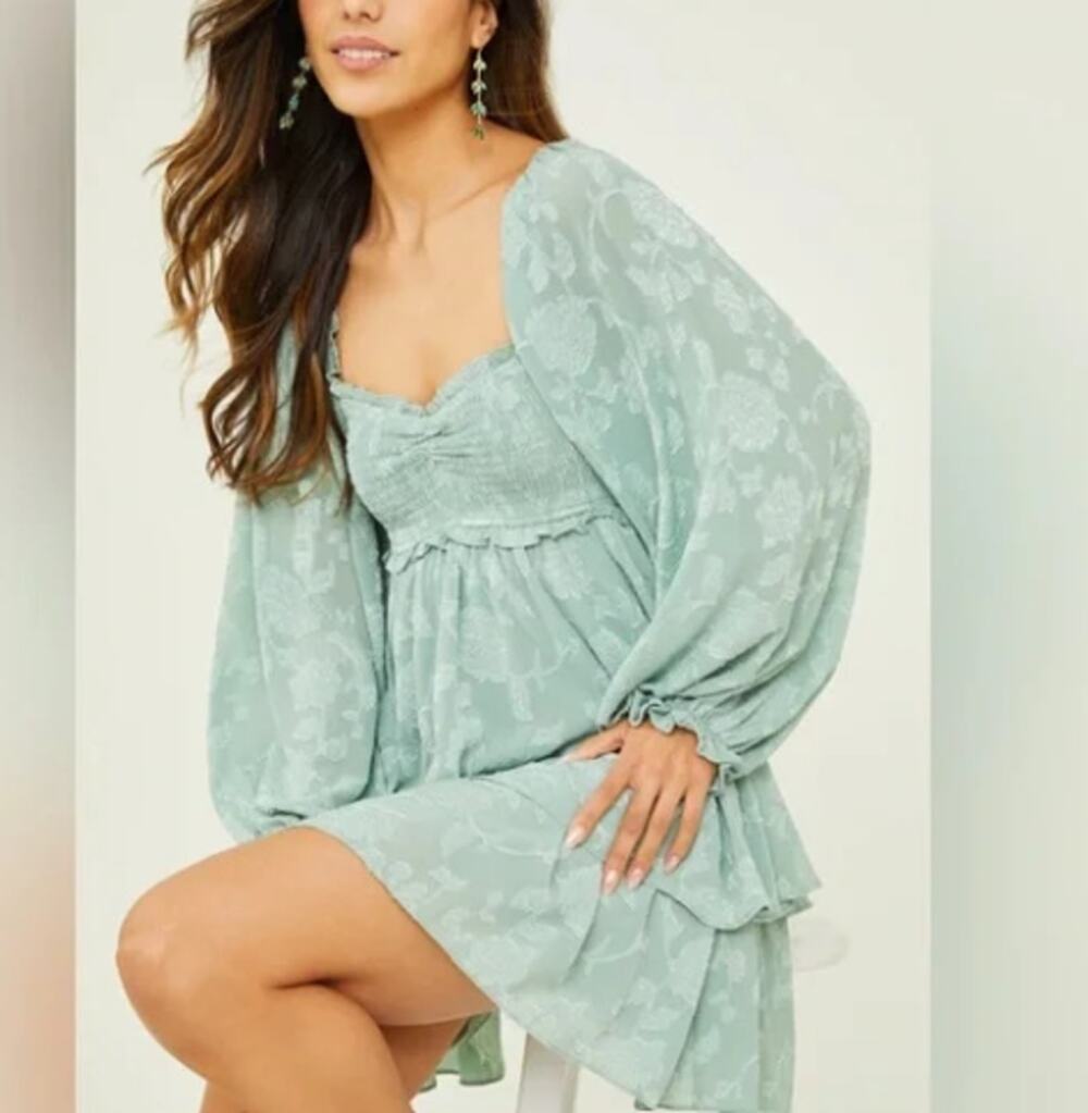 Altar'd State Vega Gemma Babydoll Mini Dress Iceberg Green Festival Spring